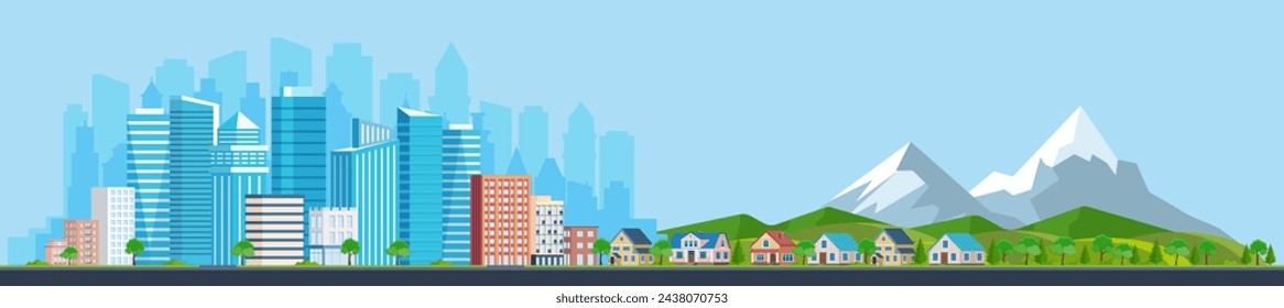 Landscape with buildings, mountains and hills. city concept and suburban life. City street, large modern buildings, skyscrapers and suburb with private houses. Vector illustration in flat style