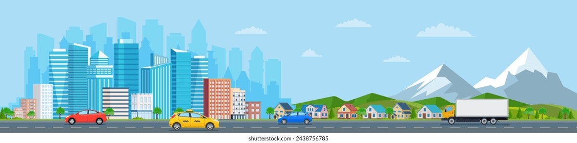 Landscape with buildings, mountains and hills. city concept and suburban life. City street, large modern buildings, skyscrapers and suburb with private houses and car Vector illustration in flat style