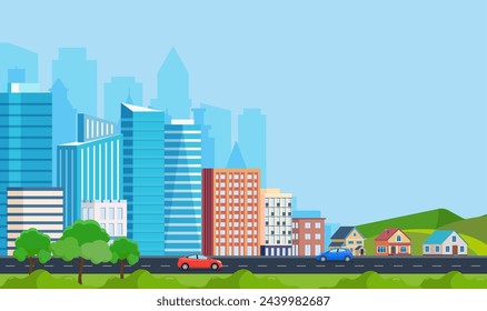 Landscape with buildings, mountains and hills. city concept and suburban life. City street, large modern buildings, skyscrapers and suburb with private houses and car Vector illustration in flat style