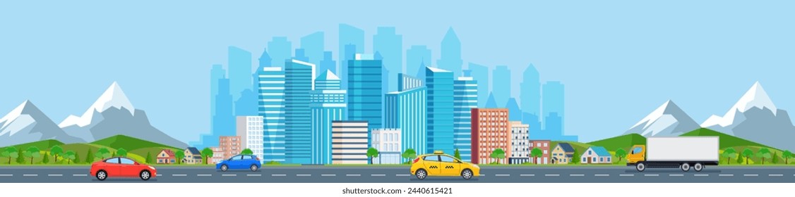 Paisaje con edificios, montañas y colinas. concepto de ciudad y vida suburbana. Calle de la ciudad, grandes edificios modernos, rascacielos y suburbio con casas privadas y coche Ilustración vectorial en estilo plano