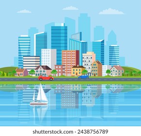 Landscape with buildings, mountains, river and hills. city concept and suburban life. City street, skyscrapers and suburb with private houses and car Vector illustration in flat style