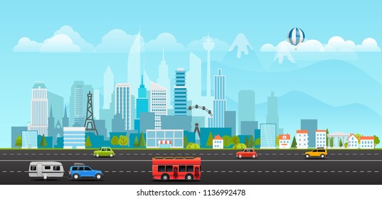 Landscape with buildings, mountains and vehicles. City life illustration