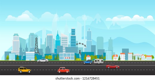 Landscape with buildings, mountains and vehicles. City life illustration