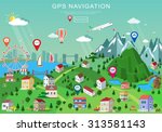 Landscape with buildings, parks, plains, hills, mountains, lakes and rivers. Set of detailed buildings with different perspective. Flat style map with isometric elemets and gps navigation 
