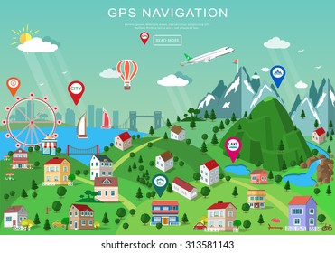 Landscape with buildings, parks, plains, hills, mountains, lakes and rivers. Set of detailed buildings with different perspective. Flat style map with isometric elemets and gps navigation 
