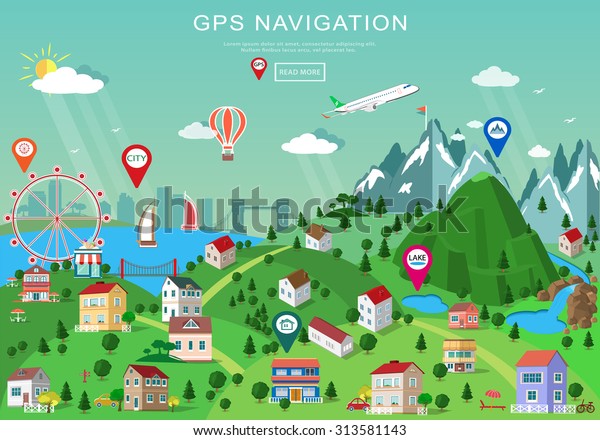 Landscape with buildings, parks, plains, hills,\
mountains, lakes and rivers. Set of detailed buildings with\
different perspective. Flat style map with isometric elemets and\
gps navigation \
