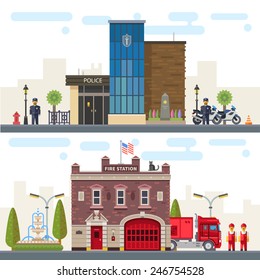 Landscape with buildings police and fire station. Protection of life, health and property of people. Vector flat illustration