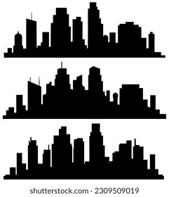 The landscape of buildings is silhouetted on white background. A black outline of low-rise and high-rise complexes and skyscrapers. Structural constructions placed urban objects