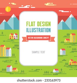 Landscape with buildings - vector background illustration in flat style. Cityscape. Text frame. Design elements. 