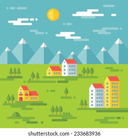Landscape with buildings - vector background illustration in flat style. Real estate, cityscape. Design elements.