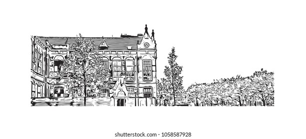 Landscape with Buildings view of Amsterdam, Capital of the Netherlands. Hand draw sketch illustration in vector.
