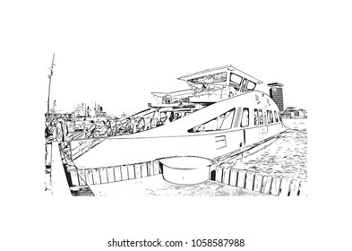 Landscape with Buildings view of Amsterdam, Capital of the Netherlands. Hand draw sketch illustration in vector.