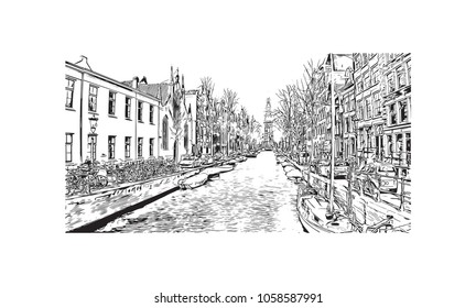 Landscape with Buildings view of Amsterdam, Capital of the Netherlands. Hand draw sketch illustration in vector.