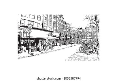 Landscape with Buildings view of Amsterdam, Capital of the Netherlands. Hand draw sketch illustration in vector.