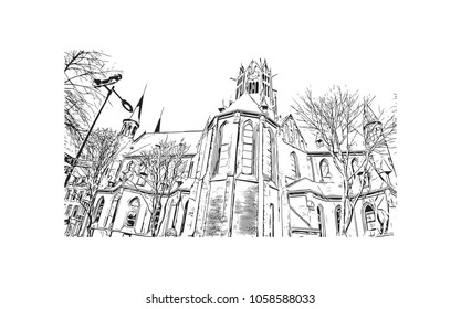Landscape with Buildings view of Amsterdam, Capital of the Netherlands. Hand draw sketch illustration in vector.