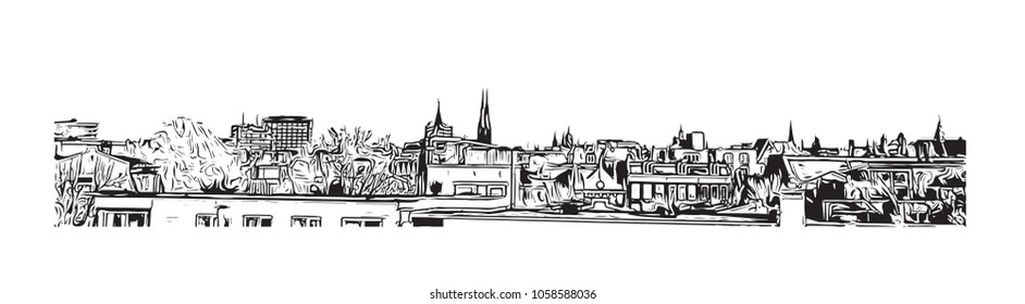 Landscape with Buildings view of Amsterdam, Capital of the Netherlands. Hand draw sketch illustration in vector.