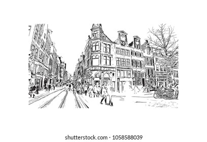 Landscape with Buildings view of Amsterdam, Capital of the Netherlands. Hand draw sketch illustration in vector.