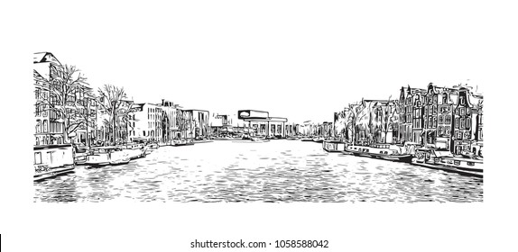 Landscape with Buildings view of Amsterdam, Capital of the Netherlands. Hand draw sketch illustration in vector.