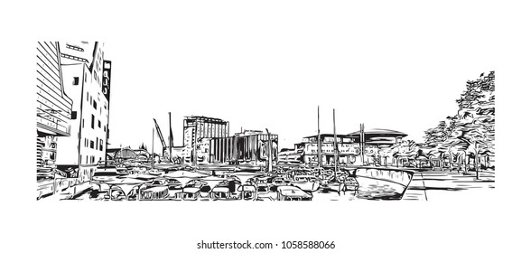 Landscape with Buildings view of Amsterdam, Capital of the Netherlands. Hand draw sketch illustration in vector.