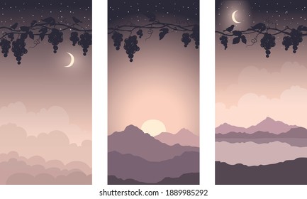 Landscape -- bunches of grapes at sunset. Vector illustration, narrow background, starlight night starry night in the vineyard. EPS 10.