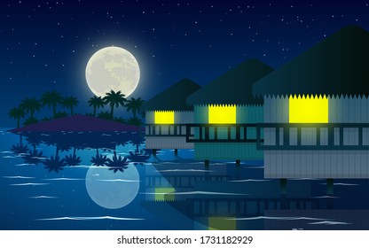 landscape of bungalow at the beach in the night