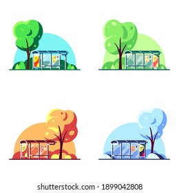 Paisaje con parada de autobús y árbol sobre fondo blanco. Juego de banners de concepto de programación de buses para cada temporada