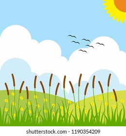 Landscape bush bulrush with green grass vector illustration design