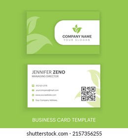 Landscape Business Card Modern Creative And Clean Two Sided Business Card Template. Eco Theme Green Color. Contact Card For Company. Isolated Background Vector Illustration.