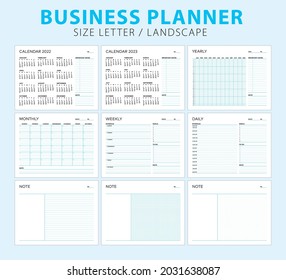 Landscape Business Planner and Calendar, Minimal Style, Week start Sunday, Corporate Design Planner Template.