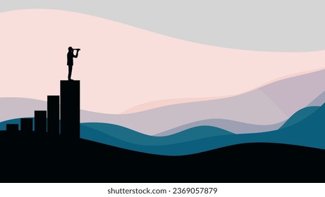 landscape with a businessman looking through a spyglass, illustration about business intelligence, analysis, vision, management, analytics and monitoring on web report dashboard monitor concept