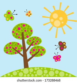Mariposas del paisaje, sol y árbol
