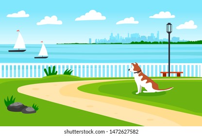 Landscape by the sea. Seafront. The dog looks into the distance to the shore. View of the metropolis. Sailing boats. Editable vector illustration