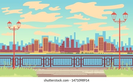 Landscape by the sea. Seafront. First line. Retro landscape. View of the metropolis. Vector editable illustration
