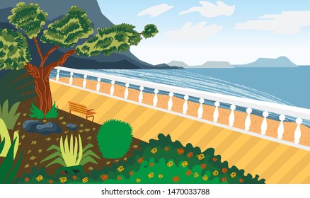 Landscape by the sea. Seafront. Imitation of watercolor. Summer landscape. Vector illustration