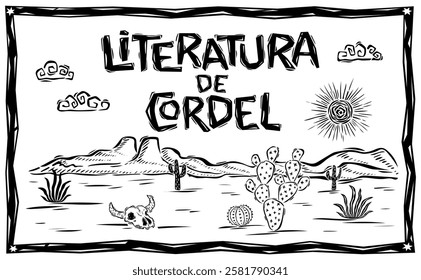 Landscape of the caatinga of Brazil. With the phrase (LITERATURA DE CORDEL) drawn in the style of the northeastern woodcut of Brazil. Vector illustration