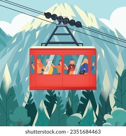 Landscape cableway concept red cabin with tourists climbing the mountains by cable car vector illustration