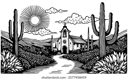 Landscape with cacti, church and sun. Brazilian northeast cordel illustration. Woodcut style. Black and white vector.