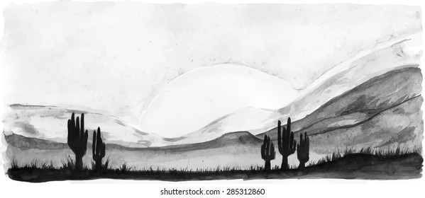 landscape. The cacti and dunes in the desert. Ink illustration. Vector
