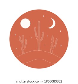 Landscape with cacti and the night starry sky. Round western desert landscape with cactus and moon. Hand drawn vector illustration.