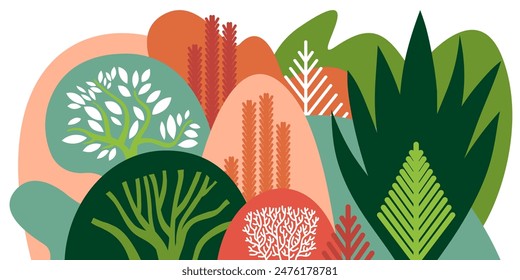 Landscape with cacti and succulents among canyons. Vector illustration.