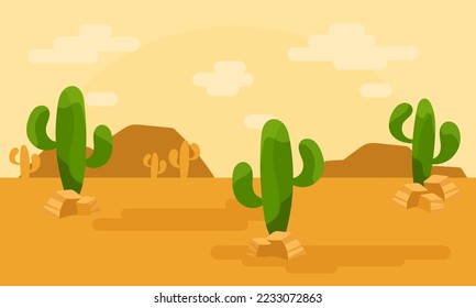 Landscape with cactus. Vector illustration, desert background in Mexico. Cartoon style