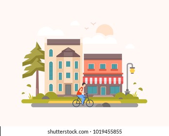 Landscape with a cafe - modern flat design style vector illustration on light pink background. A composition with a boy cycling, houses, tree, lantern, clouds, sun, birds in the sky