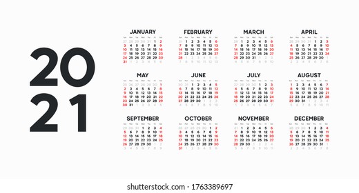 Landscape Calendar template. 2021 yearly calendar. 12 months yearly calendar set in 2021. Week starts from Sunday.