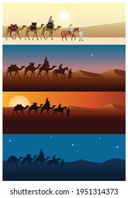 Paisaje con caravana de camellos en el desierto en diferentes momentos del día. Mañana, tarde, noche y noche. Conjunto de ilustraciones vectoriales en un estilo realista