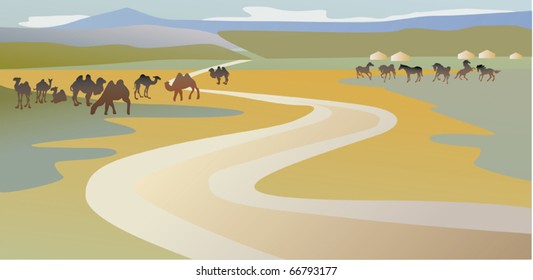 landscape with camels and horses illustration