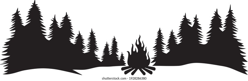 Landscape - camping in the forest (tourist tent and campfire, travel design)