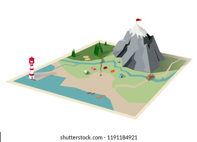 Landscape Camping Map With Sea, Forest And Mountain