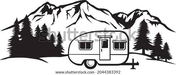 Landscape - camping in mountains with camper\
trailer (adventure and travel\
design).