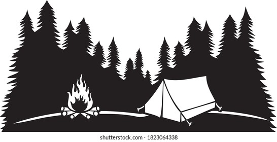 Landscape - camping in mountains (tourist tent and campfire, travel design)