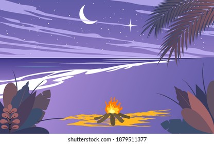 landscape of camping on the beach in the night in flat design